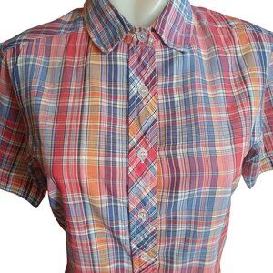 Medium Vintage Top Plaid 1980's Short-Sleeve Button-Up Shirt Thin Campgirl Kong